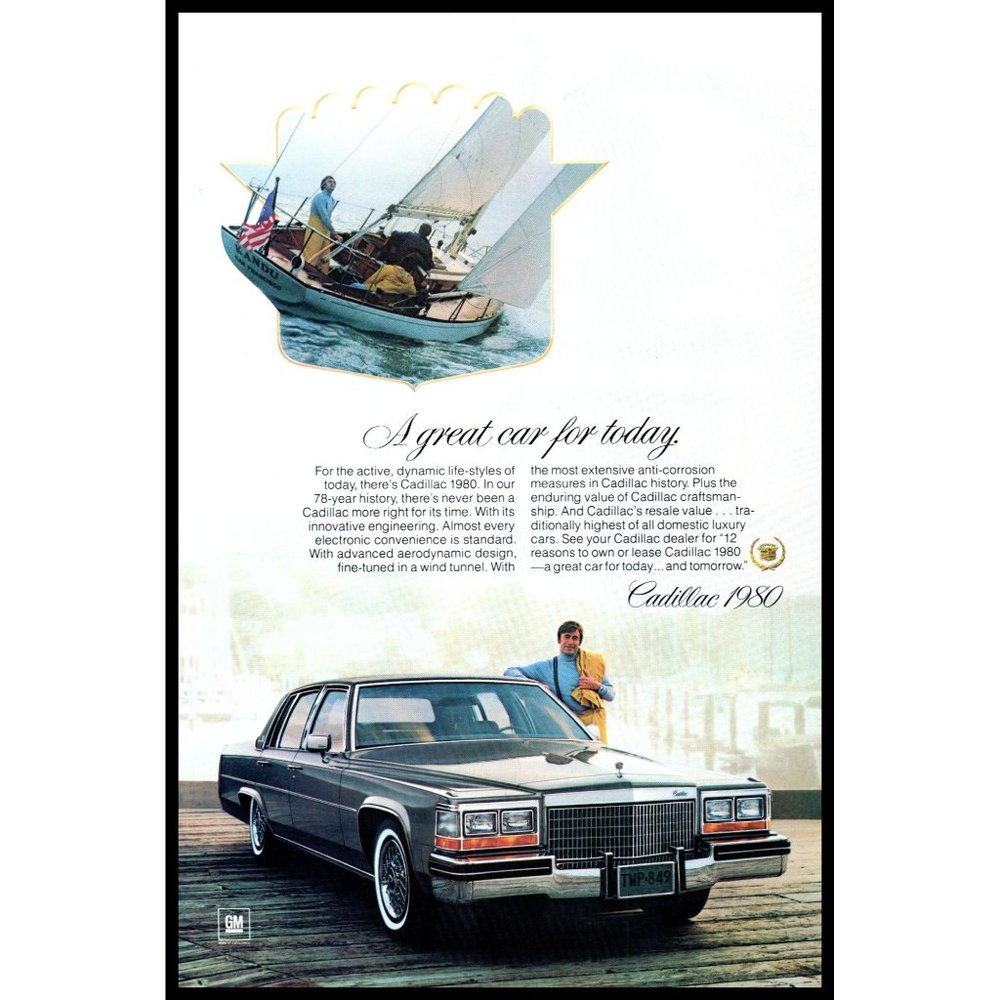 1980 Cadillac Great Car for Today Vintage Print Ad Sailing Sailboat Wall Art
